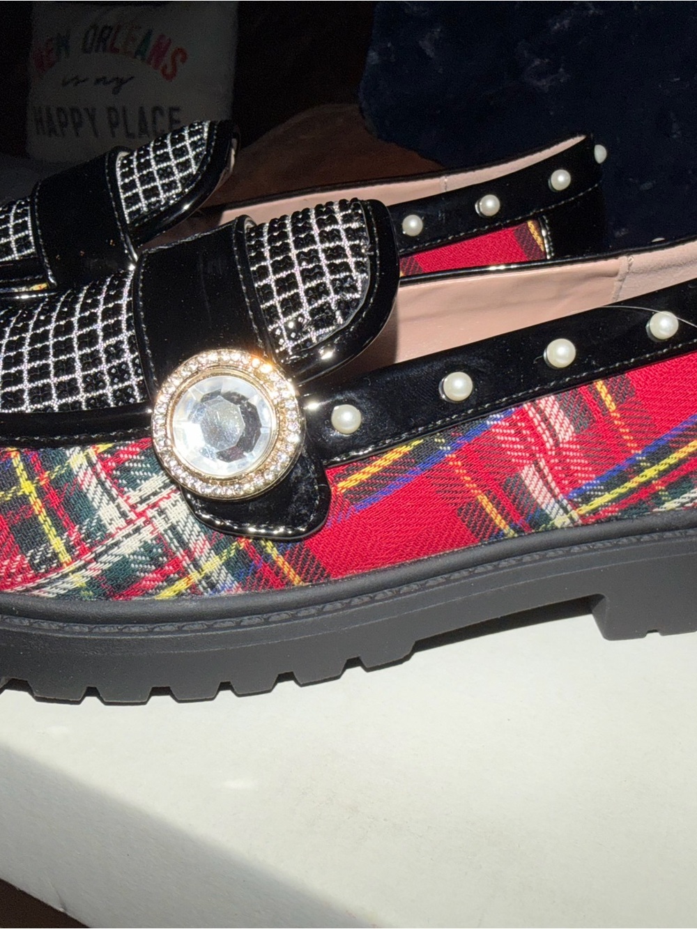 Betsey Johnson Red Plaid Loafers with Pearl & Gem Accent